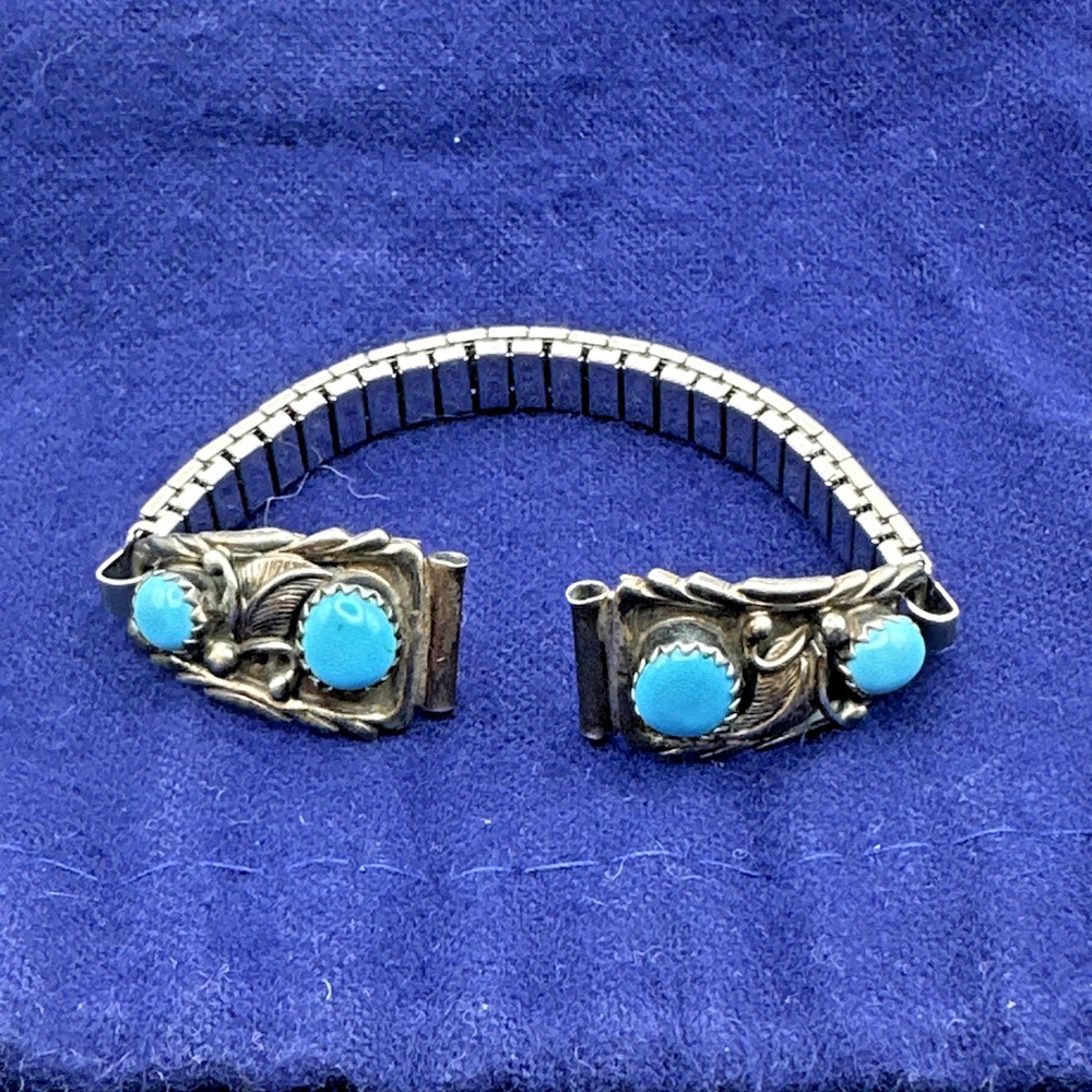 Vtg Signed RB Richard Begay Navajo Sterling Silver Turquoise Stretch Watch Band